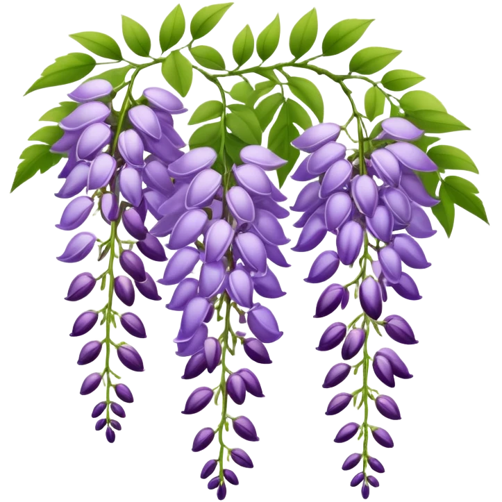 Elegant wisteria flower with cascading purple racemes hanging down and small green leaves emoji