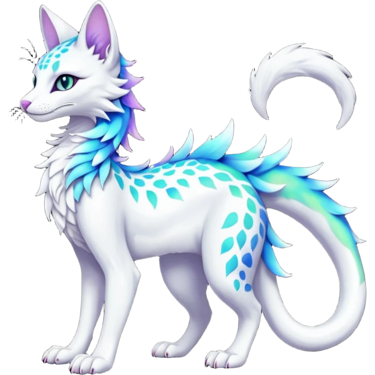 Kawaii iridescent beautiful pretty elegant divine edgy fantasy feline-vernid-sergal-fursona-animal-creature with a tufted tail and accessories, full body with intricate markings  emoji