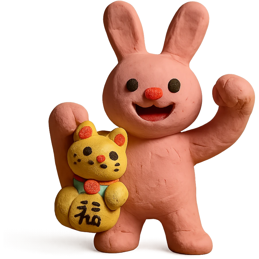 pink bunny holding lucky charm and pumping fist, claymation style emoji