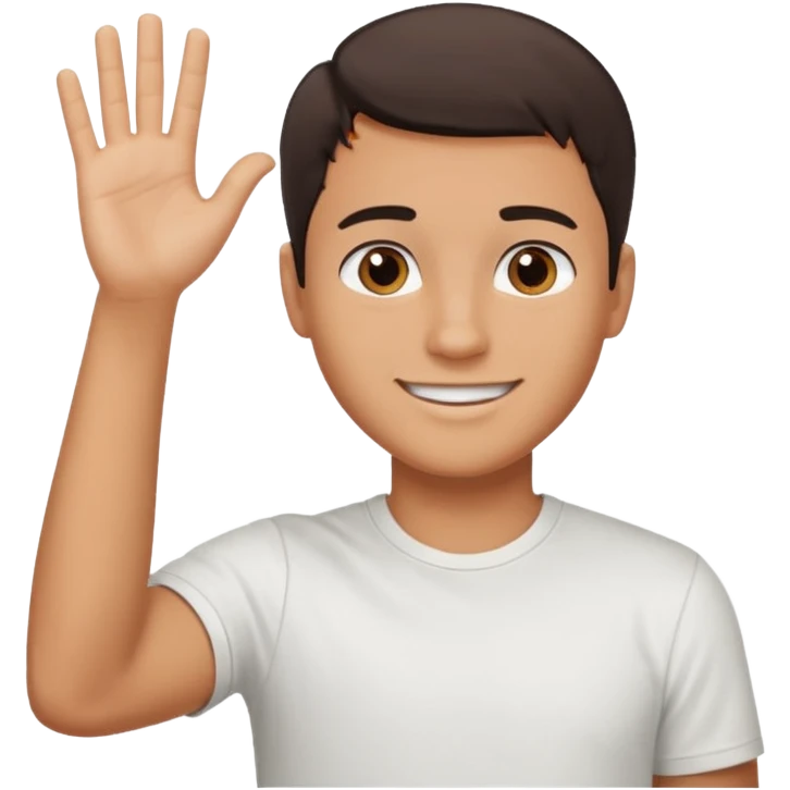 joven bronceado medio pelon oscuro muy cortito polera blanca sonrisa bonita saludando mano arriba emoji