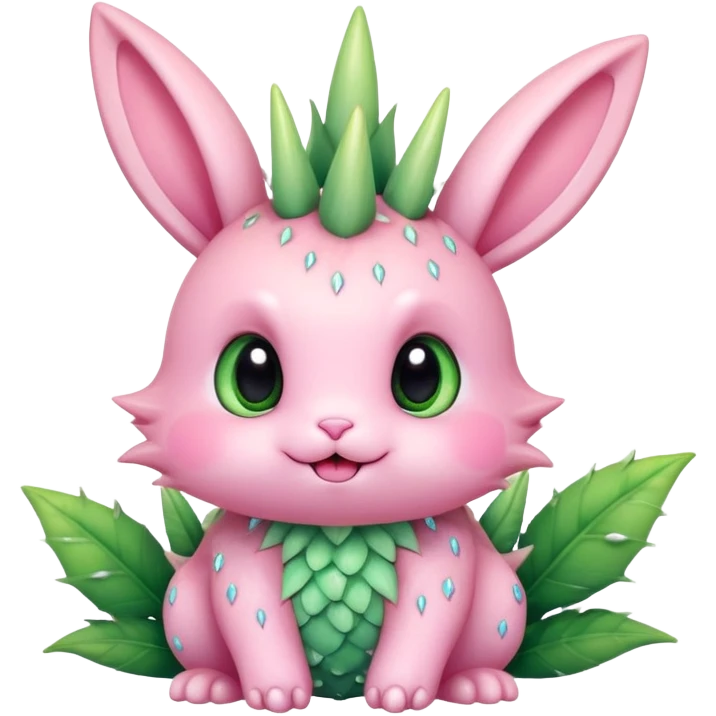 Kawaii bunny plant dragon with tiny spikes, extremely cute, giant sparkly eyes, blushing cheeks, pastel colors, small mouth, adorable expression emoji