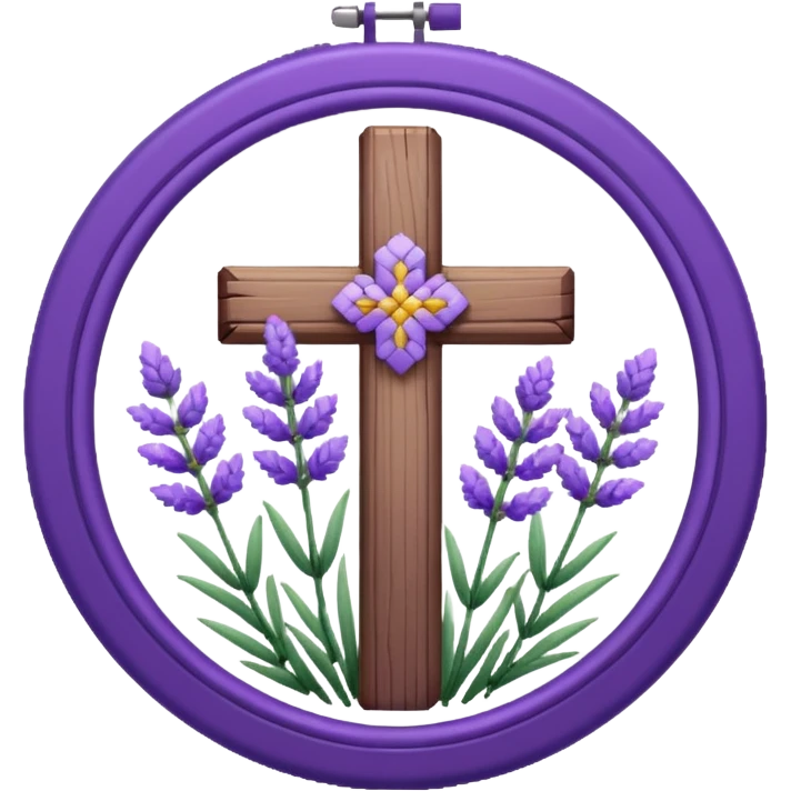 Pixelated Lavender inside a round purple-wooden Cross stitch frame  emoji