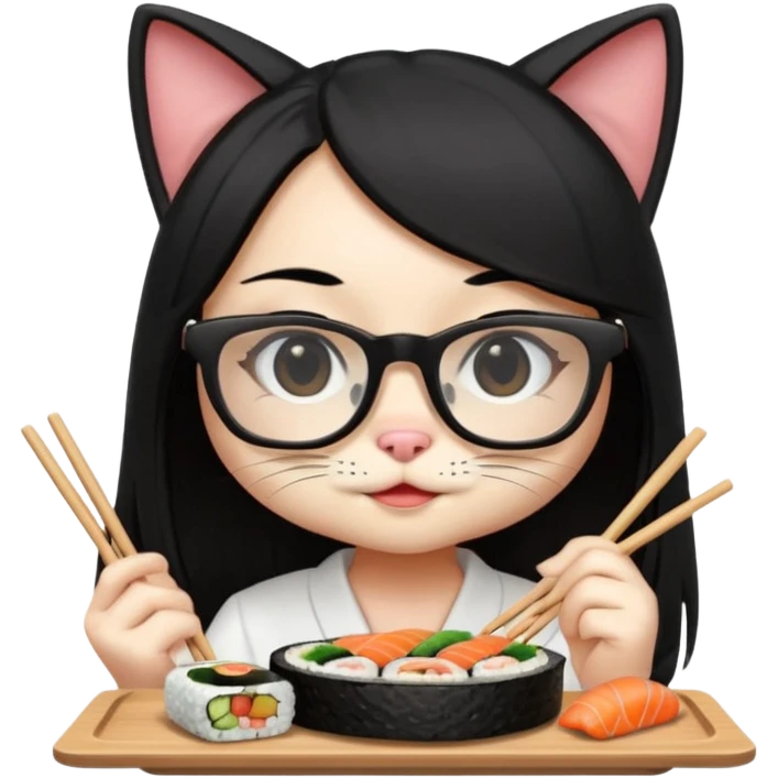 cute girl cat with long straight hair and really big square glasses with super thin frames eating sushi emoji