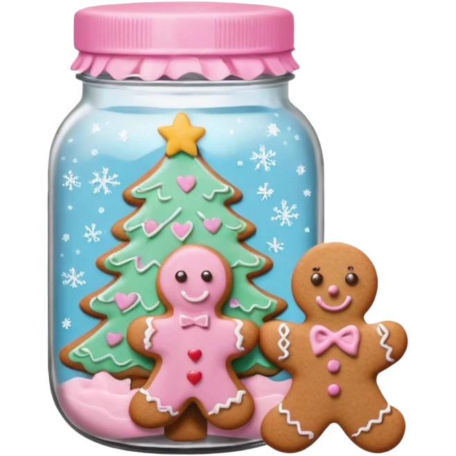 pastel pink christmas cookies in different shapes and one gingerbread man in jar with pink lid  emoji