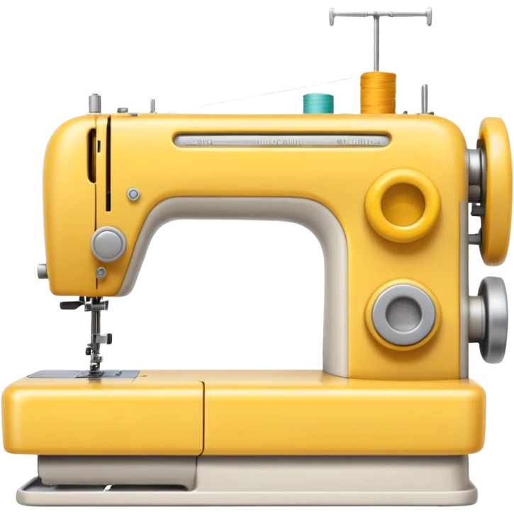 Emoji of a modern sewing machine inspired by a Brother machine. Soft, rounded shapes in the style of Apple emojis, with subtle gradients and soft shadows. White body, a yellow spool on top emoji