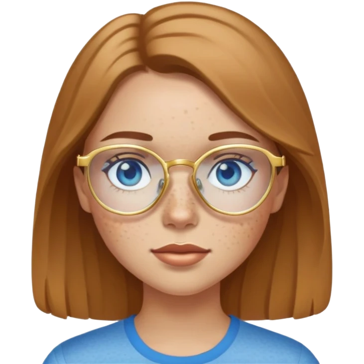 Girl with light skin, light brown hair, blue eyes, freckles, and gold glasses emoji