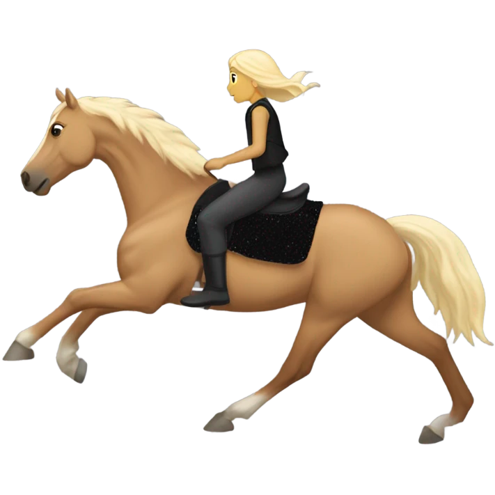  A Palomino horse running with a black sequin rug on his back and a whit rider girl brown hair  on his back without a helmet dressed in black pants and a vest   emoji