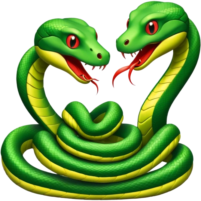 Two green snakes tangled at their tails, facing each other and hissing emoji