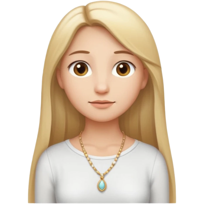 "Cartoon emoji of a girl with long, straight blonde hair, fair skin, soft brown eyes. Wearing a white top with a delicate necklace, serene expression, calm and peaceful. Smooth, simple, stylized." emoji