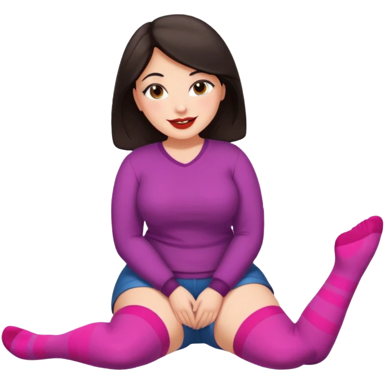 Cute curvy woman dark hair brown eyes big ass big chest skin coloured clothes socks legs up sole facing camera blushing face lip stick smile nervous emoji