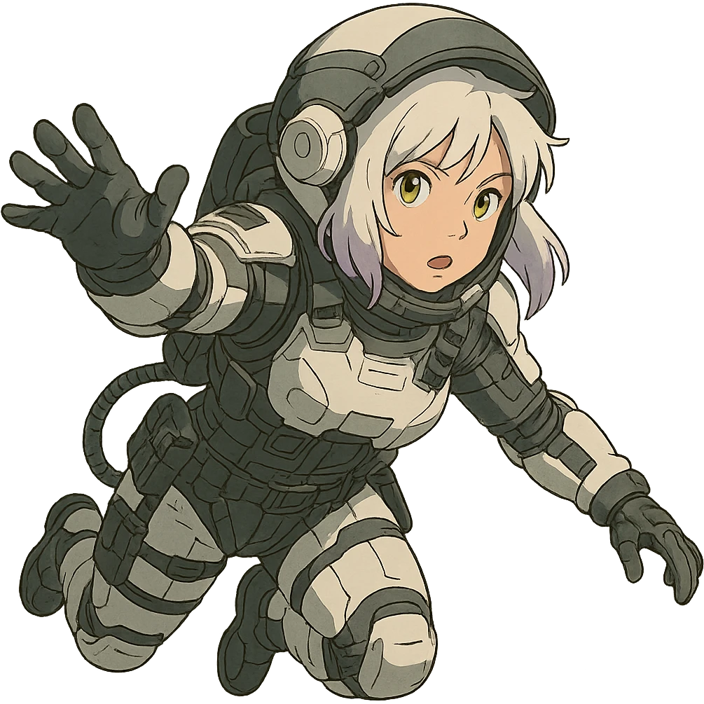 1 female, white hair lavender tips gold yellow eyes, a tactical female space warrior floating in zero-g EVA operations, reaching in front of her emoji