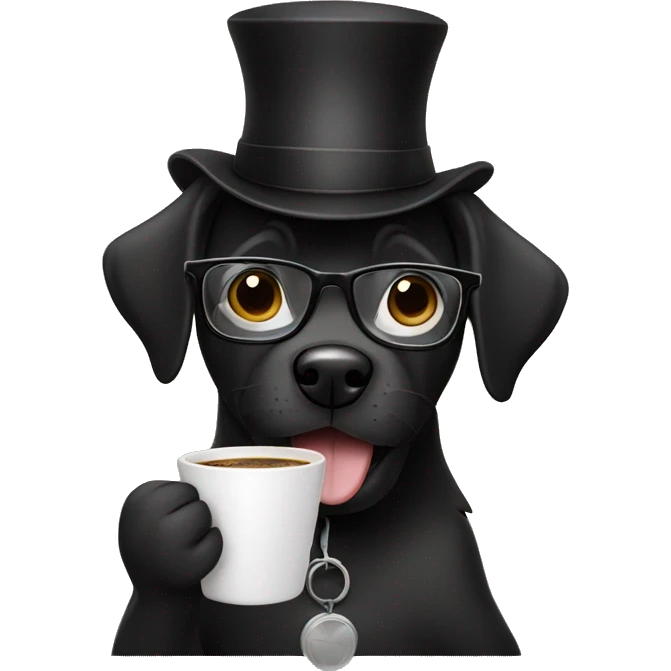 Happy black dog rabbi with glasses drinking coffee emoji