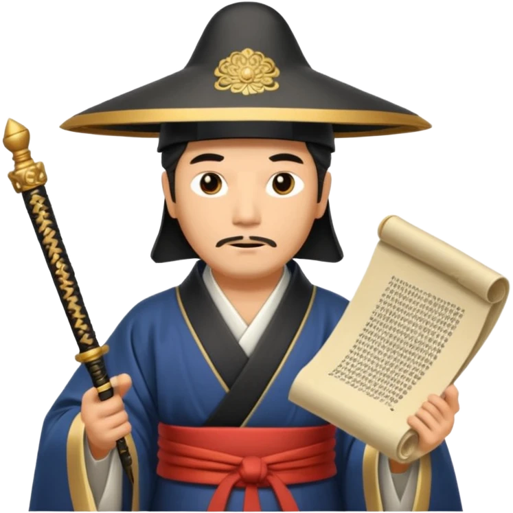 Samurai lord, Elegant noble in long robes with tall hat, holding a scroll of orders. emoji