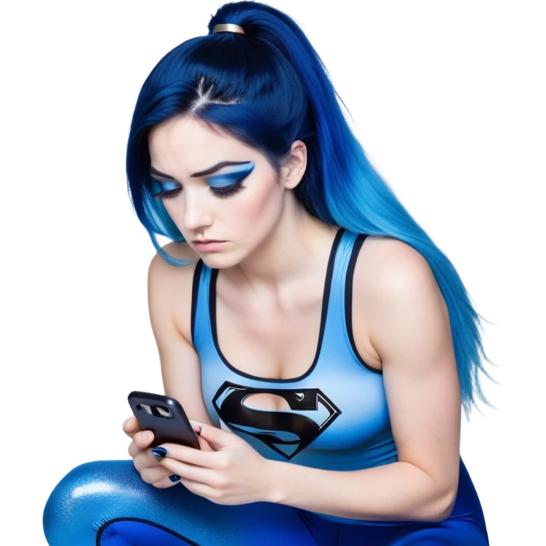Disapponted-big tears-head back texting on phone-very very large upper body-sexy face-bending forward at waist-very long very straight dark blue to light blue ombre hair-and-blue eyes-thick black eyeliner-long eyelashes-iridescent blue lowcut tanktop with black leggings with glitter superman logo emoji