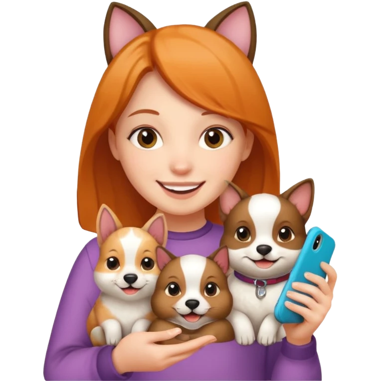 girl holding an iphone case with a pattern with pets faces  emoji