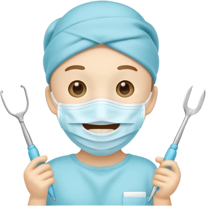 Cute tooth character wearing a face mask, holding dental tools, friendly and clean emoji style, flat illustration, simple design, white background. emoji