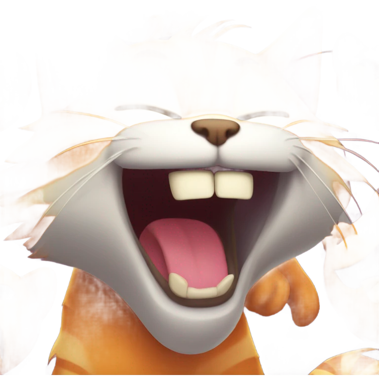 Orange cat with big fangs and whiskers laughing crazily emoji