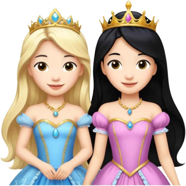 Asian girl black hair and blonde white girl dressed as princesses emoji