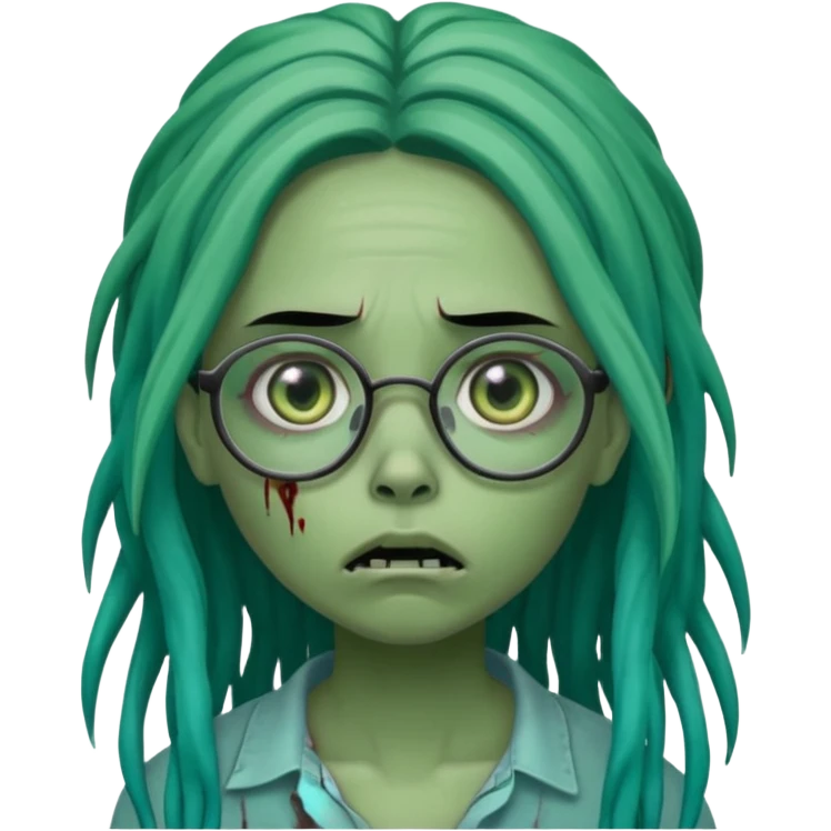 One young female green-skinned, zombie with glasses, with ombre black roots & teal tips long dreadlocks and a worried expression with a small wound near its mouth. emoji
