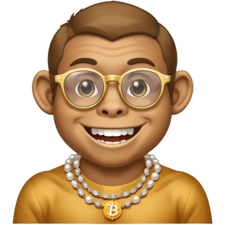 rich monkey with glasses smiling with diamond grillz and a bitcoin golden chain with diamond pearls emoji
