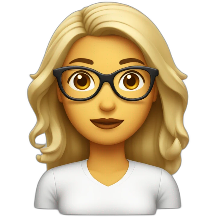 mujer blanca cachetona con cabello cafe y gafas trabajando en el portatil apple emoji