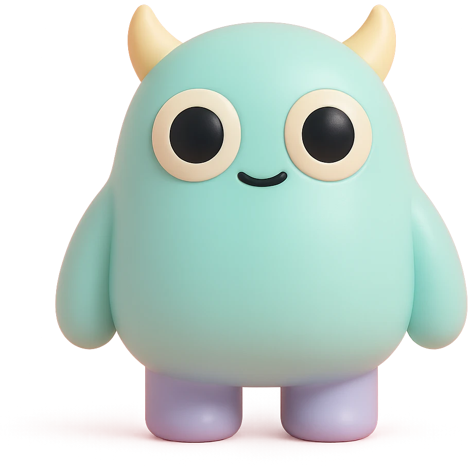 cute monster with round body, big eyes, small horns, pastel colors, toy-like emoji