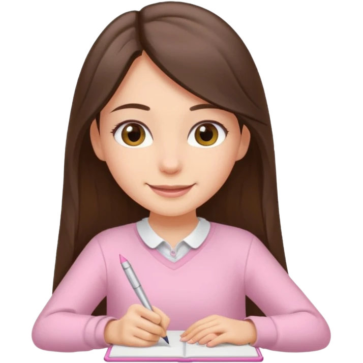 smiling long brunette hair girl hazel eyes wearing light pink clothes writing emoji
