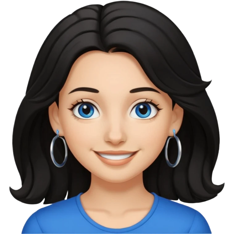 White Girl with black shoulder length hair slightly curly, has a tan, blue eyes, nose ring hoop emoji