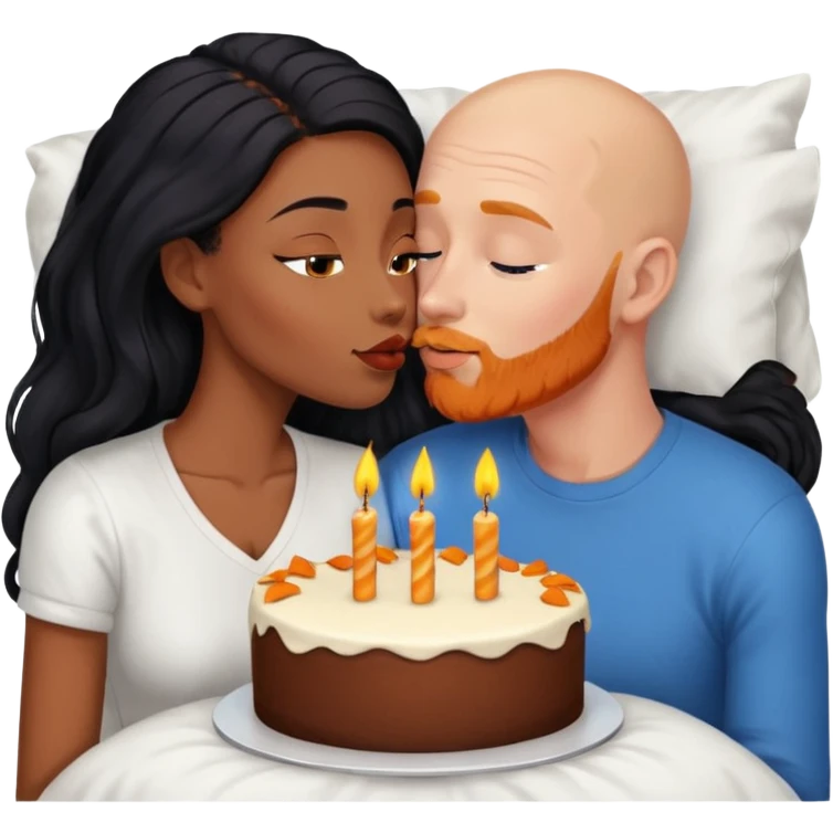 Couple is Bald white male with orange ginger beard and blue eyes kissing African American dark brown woman with long black hair

Laying in bed with birthday cake emoji