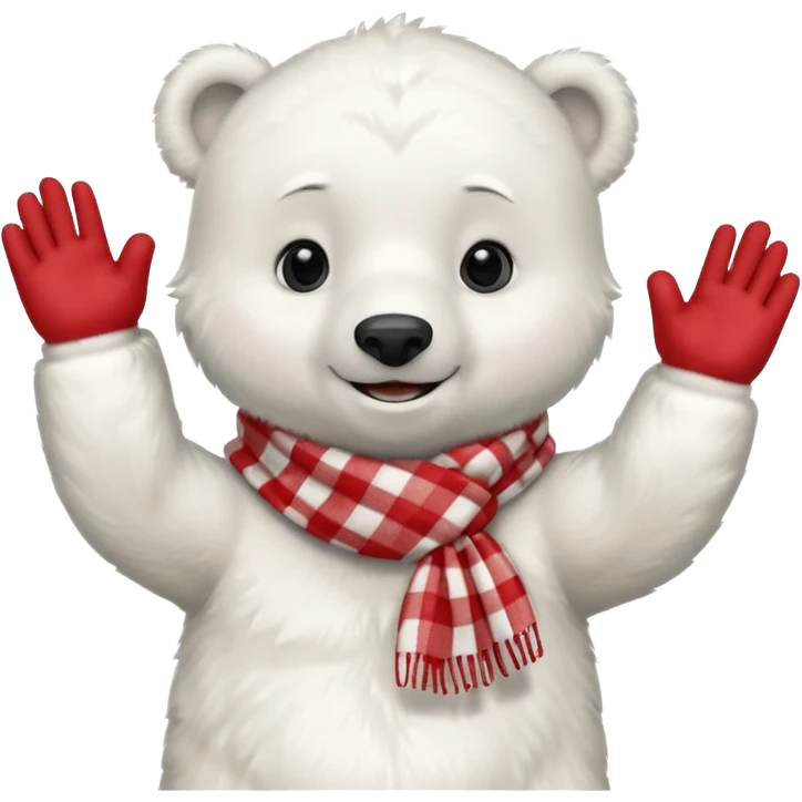 baby Polar Bear, smiling, hi five, wearing red Checkered Triangle scarf emoji