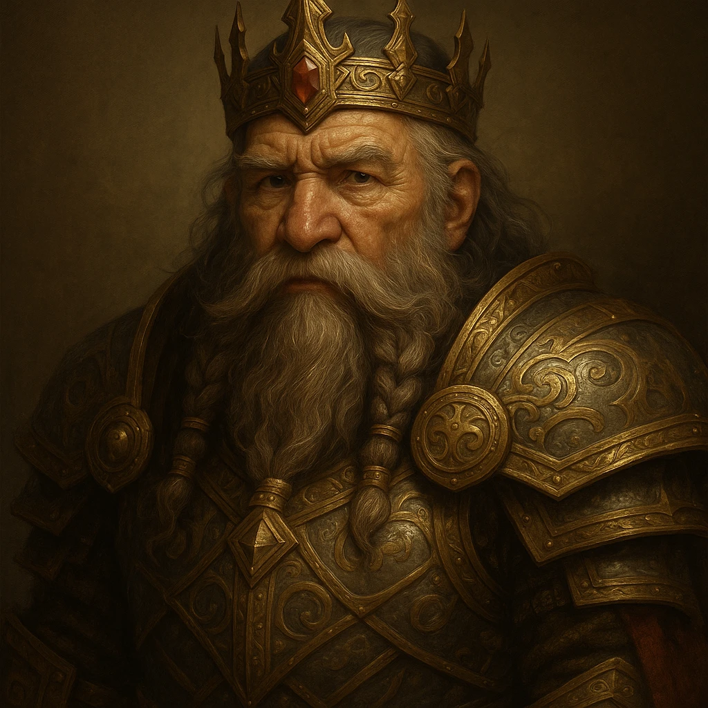 a wise dwarf king with a crown and ornate armor, fantasy style, detailed character illustration emoji