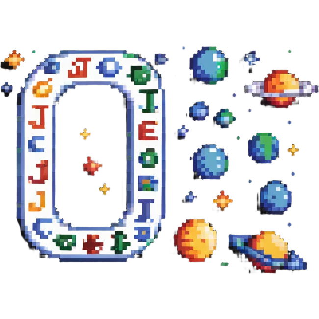 letter J with pixel planets and moons orbiting around it emoji
