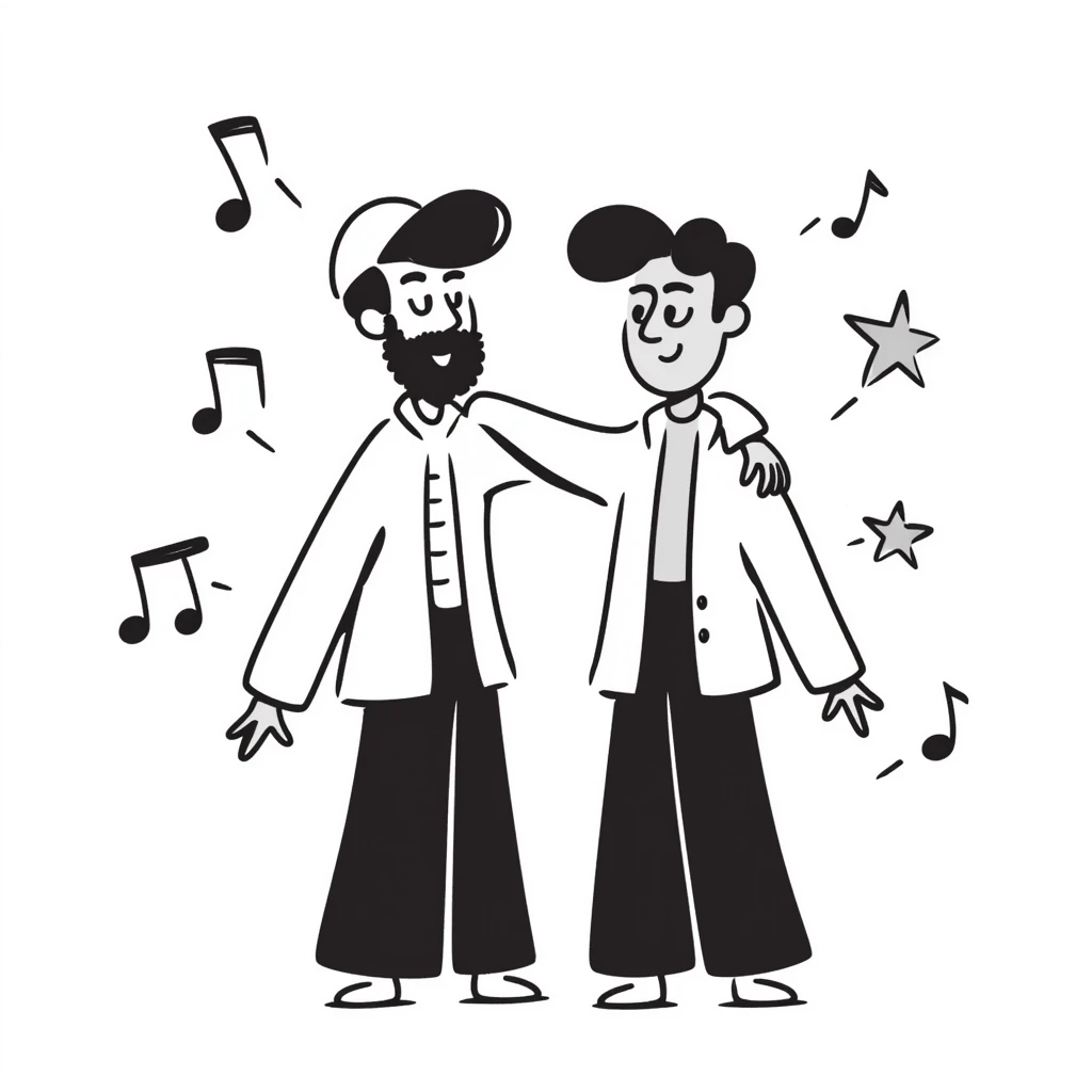 Two brothers who are musicians: a noticeably taller 35-year-old with stylized beard and backwards cap (big brother) with his arm around his shorter 25-year-old brother. Side by side, facing forward, celebrating. Music notes and stars around. Band members cheering in background. emoji