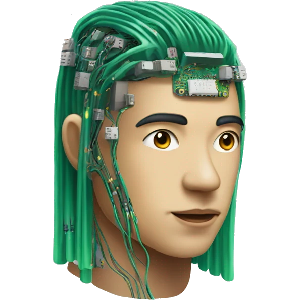 Head of Asian male cyborg with long green hair and circuits emoji