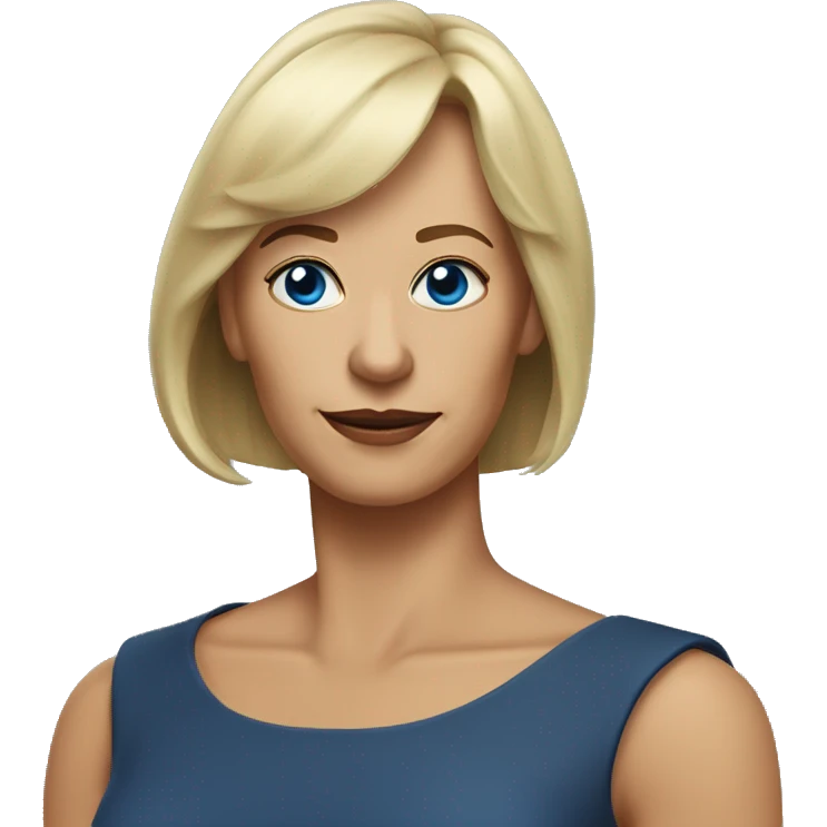 widow with blonde, shoulder length hair with bangs all across forehead and sides swept back from face, blue eyes,  60 years old, 180 pounds emoji