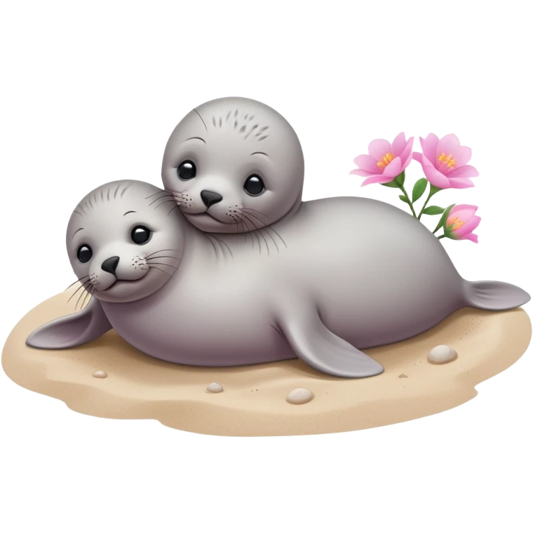 A small, slim baby seal resting gracefully on a sandy beach, with a delicate pink flower placed on its head.  Grey color emoji