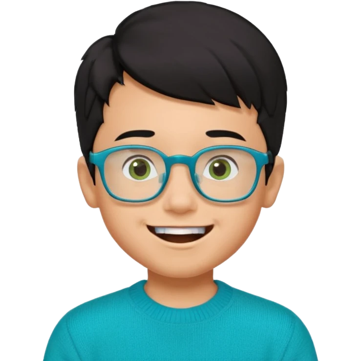 Chico de 7 años, pelo negro y repeinado pero con volumen hacia arriba, piel marrón clarito, gafas cuadradas azules, sonriente y sin 1 diente, jersey verde turquesa y ojos muy rasgados, Y NO redondeados emoji