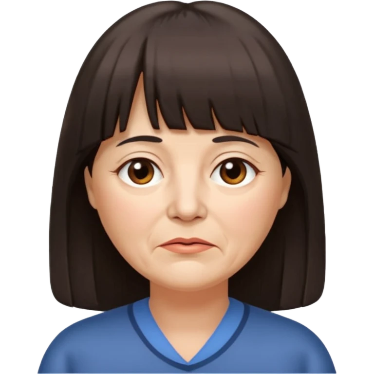 60 yr old woman, long hair down back, very small brown eyes, long hair, straight dark brown hair, bangs, chubby, long face, very tired emoji