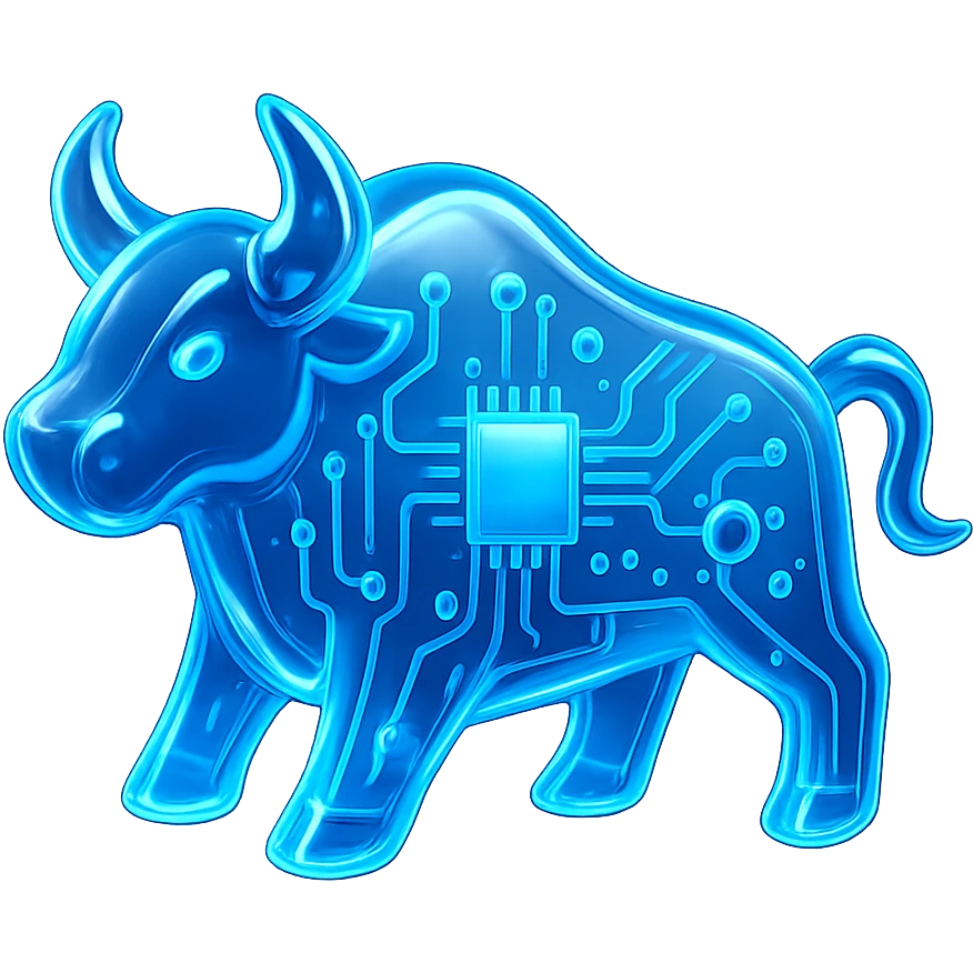 bull icon, modern tech-inspired style, glowing blue, digital circuit elements, sleek futuristic design, blue neon glow emoji
