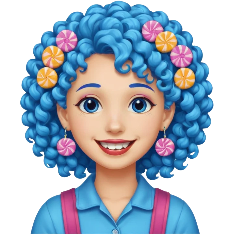 candy shop vendor, looking like candy with candy earrings and candy hair with big smile and blue curly hair emoji