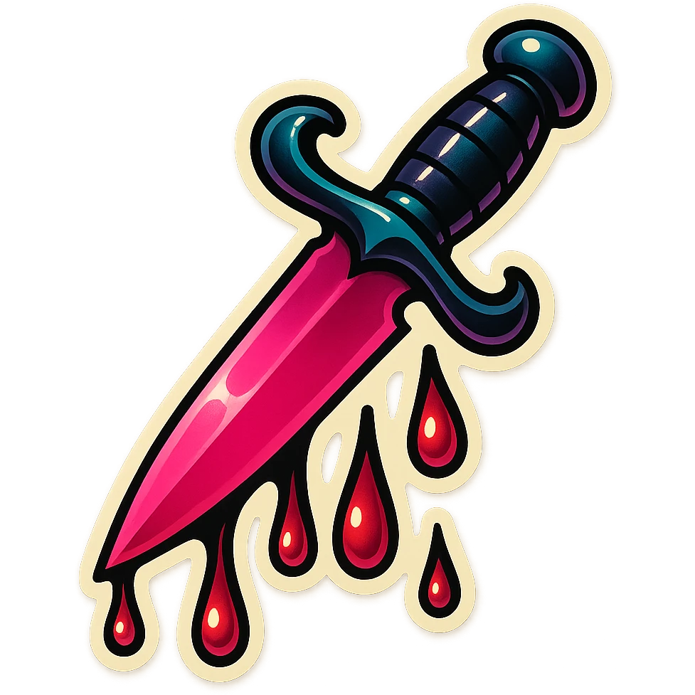 gothic knife with pink blade and dripping blood effect, retro stickers style emoji