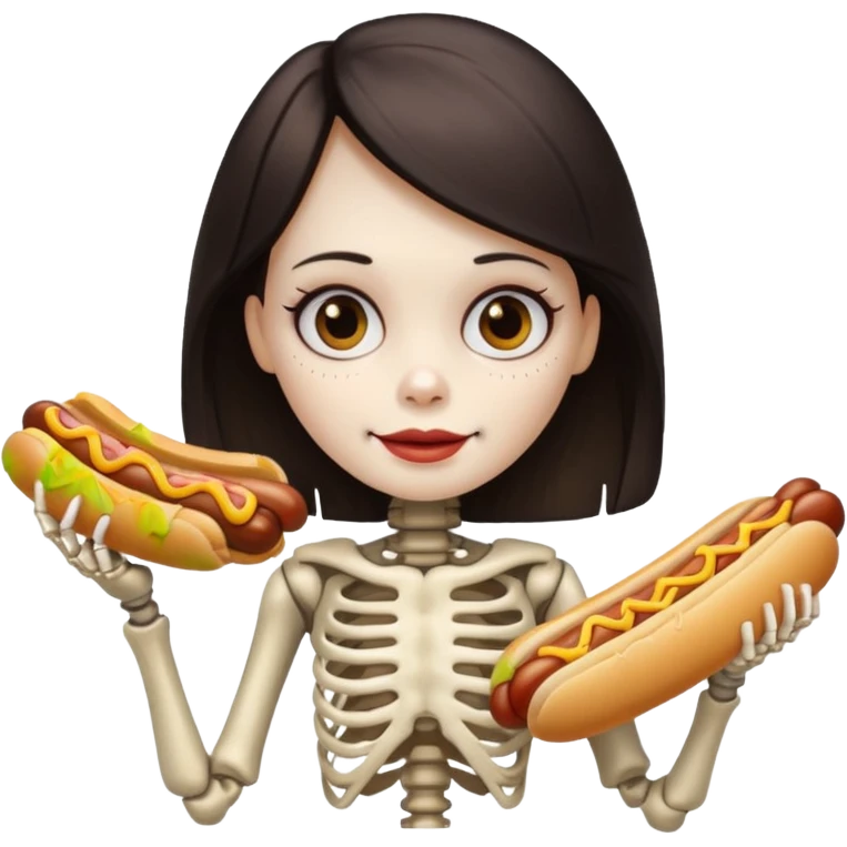 girl skeleton with hair eating a hot dog emoji