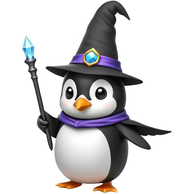 Penguin wearing a wizard hat and holding a magic wand emoji