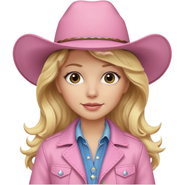 Blonde long wavy hair cowgirl with a soft pink hat and jacket emoji