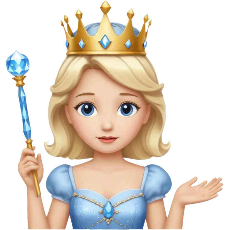 dorothy queen blonde hair, white dress with magic wand, rounded sparcle, and crown on head.Decolded blue dress emoji