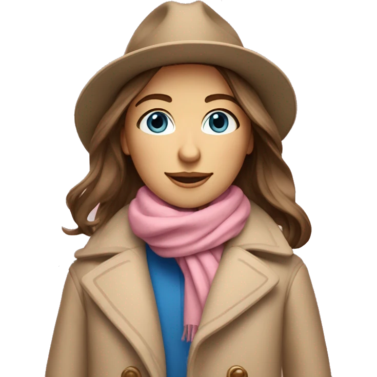 Brown straight hair blue eyes tan beige hat on white scarf pink coat  emoji