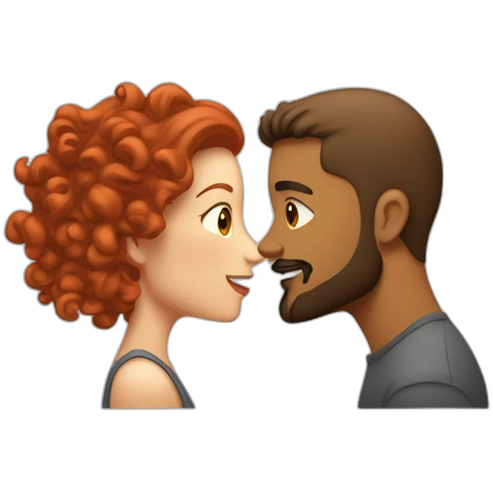 Brown man with a smooth hair cut fade and a beard kissing a White woman with long red curly hair emoji