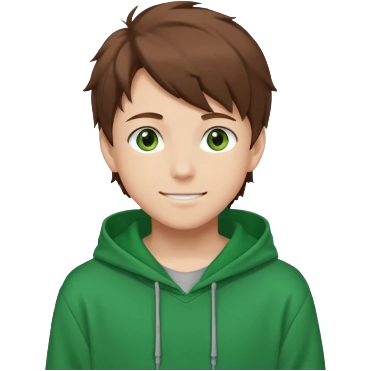 Anime teen boy with brown hair, green eyes, and a green hoodie, looking smiling slightly sideways positioned. Face must be main filling of the emoji. A little piece of hoodie can be visible. 128px emoji
