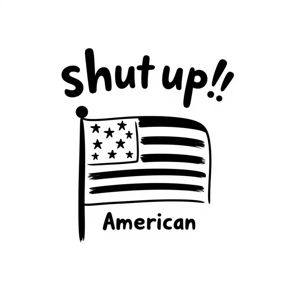 hand-drawn doodle emoji with 'shut up' at the top, USA flag in the center, and 'american' at the bottom emoji