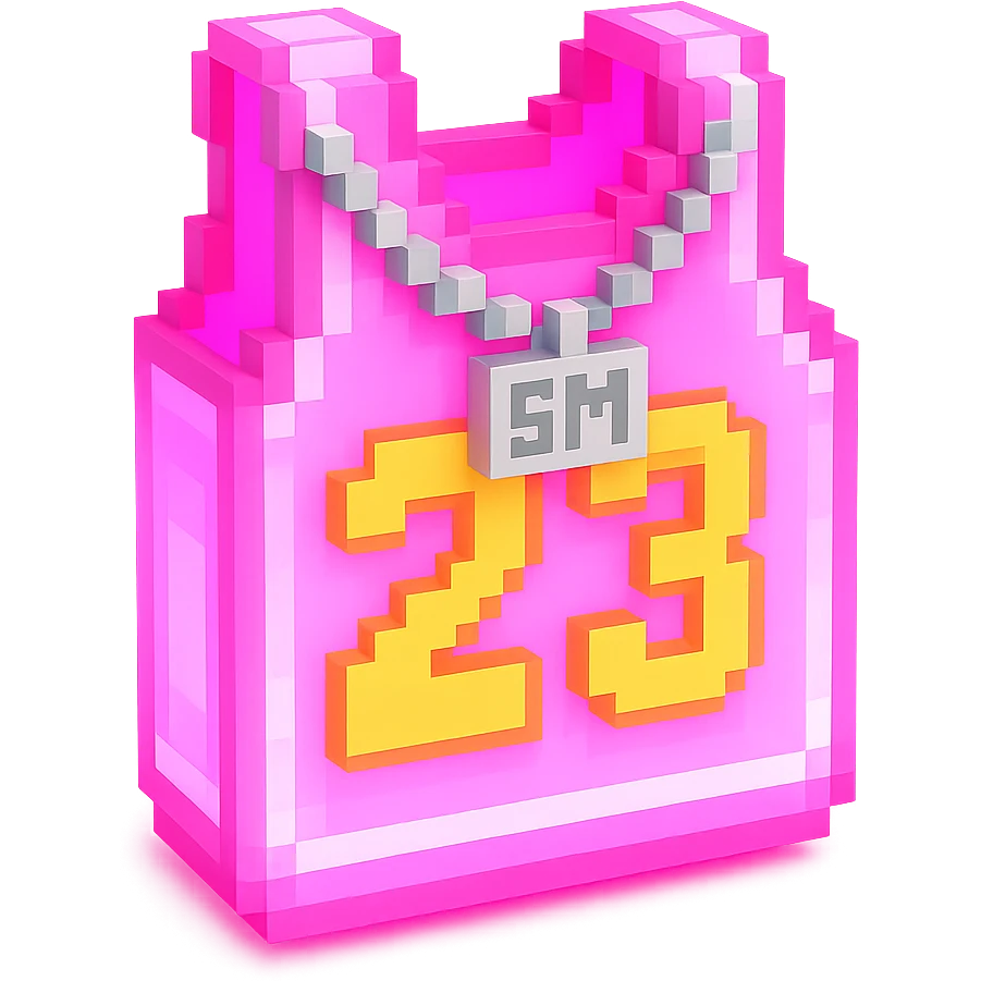 светящейся розовая баскетбольная майка с надписью "23" и серебряная цепь с надписью "SM", no background emoji